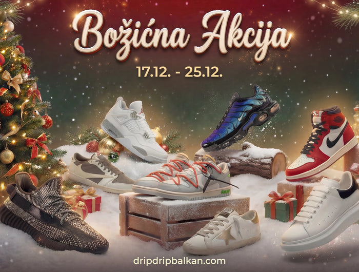Promotional image for a Christmas sale with sneakers and Christmas trees.